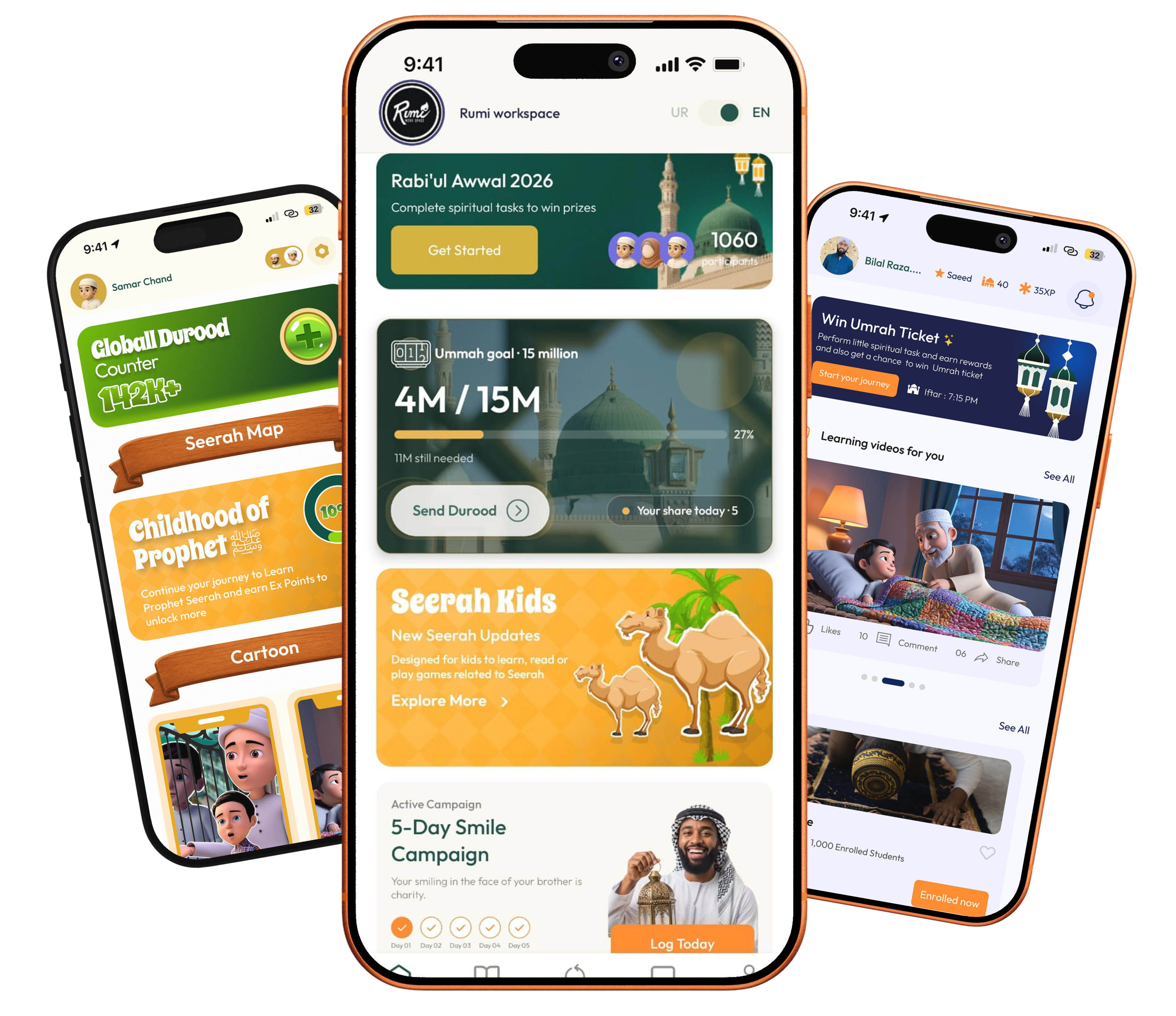 Seerat Ki Dunya app screens — global durood counter, Seerah Kids and learning videos